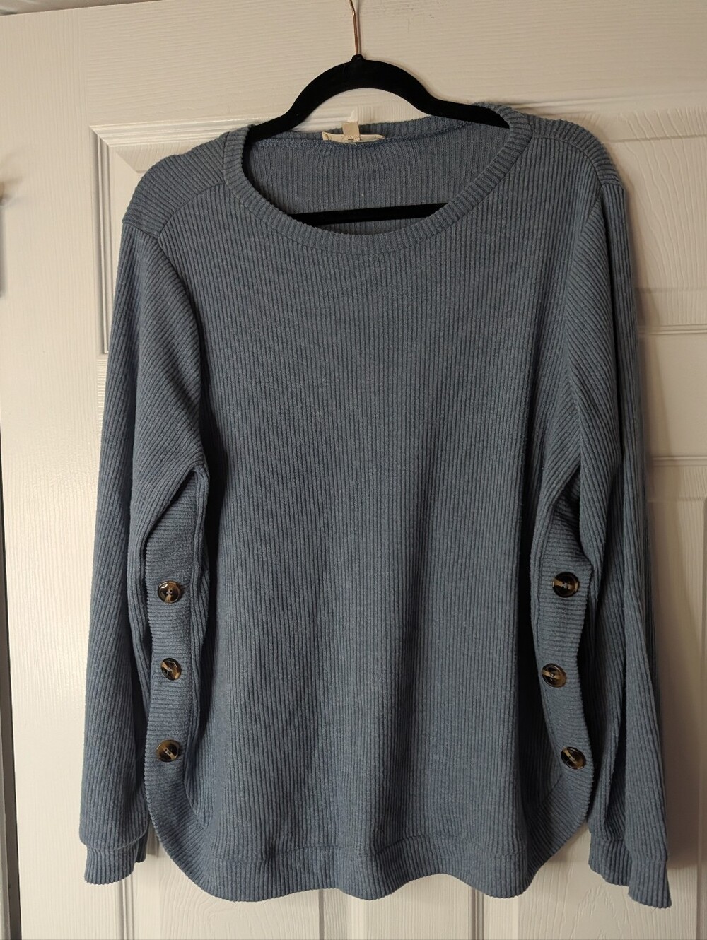 Parallel Skies Women's Large Blue Ribbed Knit Pullover Sweater Button Sleeve Cre